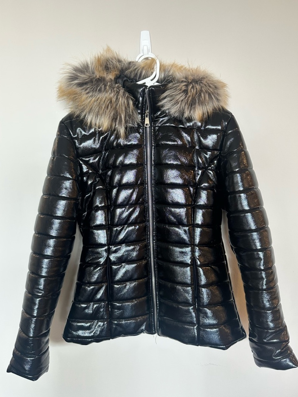 DLSB Black Faux Leather Puffer Jacket with Fur Trim Hood